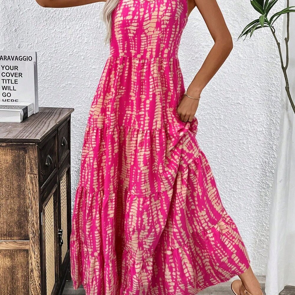 Hot Pink Boho Women's Holiday Casual Random Printed Strappy Dress Maxi Outfit - Picture 7 of 7